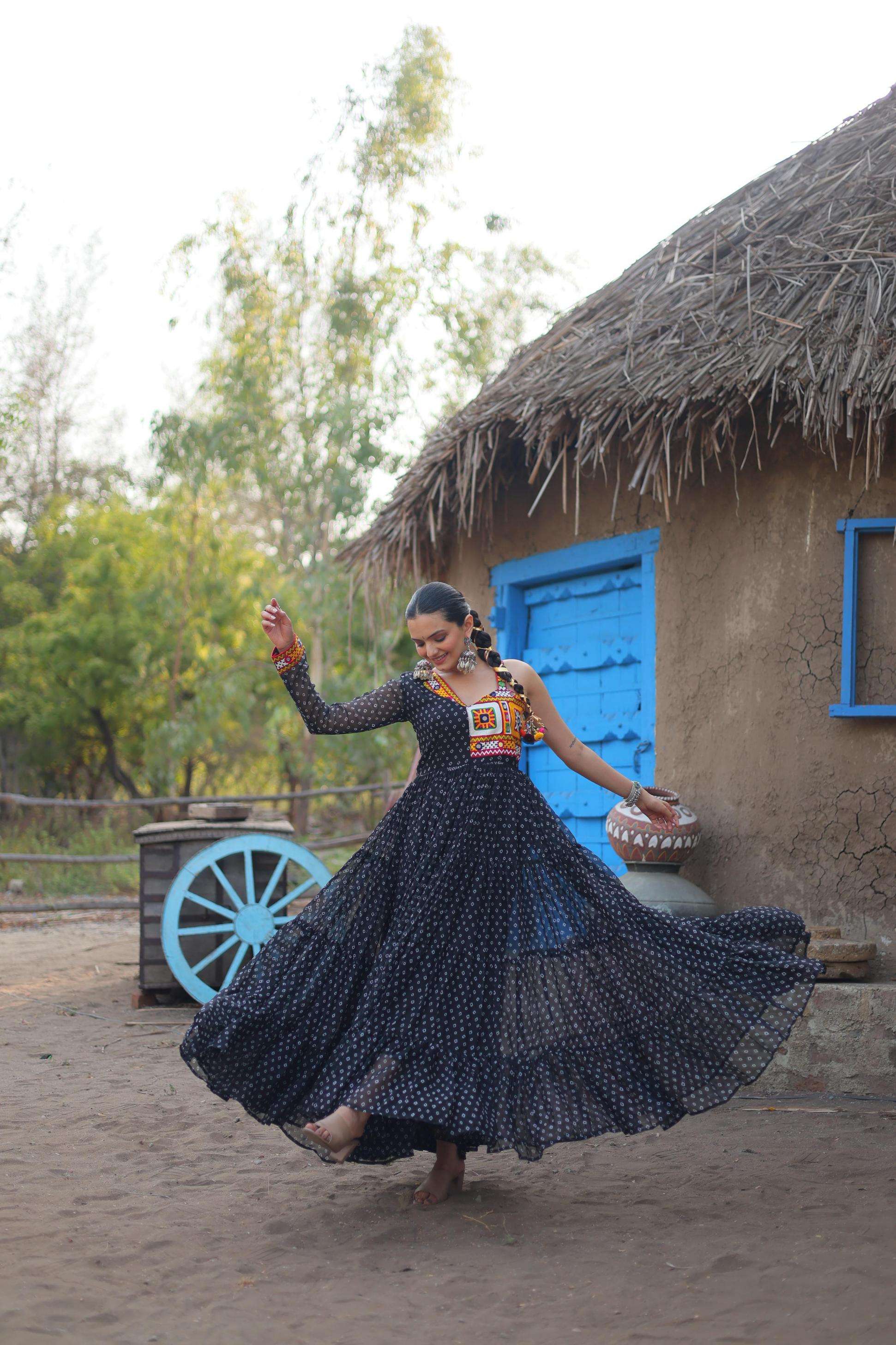 ka 1114 bandhani work georgette flair gown collection