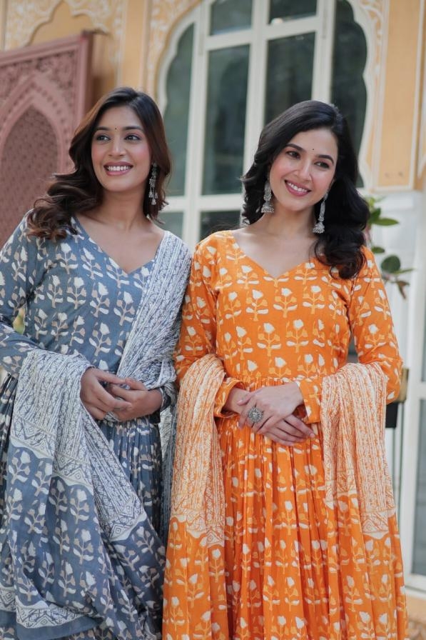 ka 1155 fancy v neck long kurti with pant and dupatta set