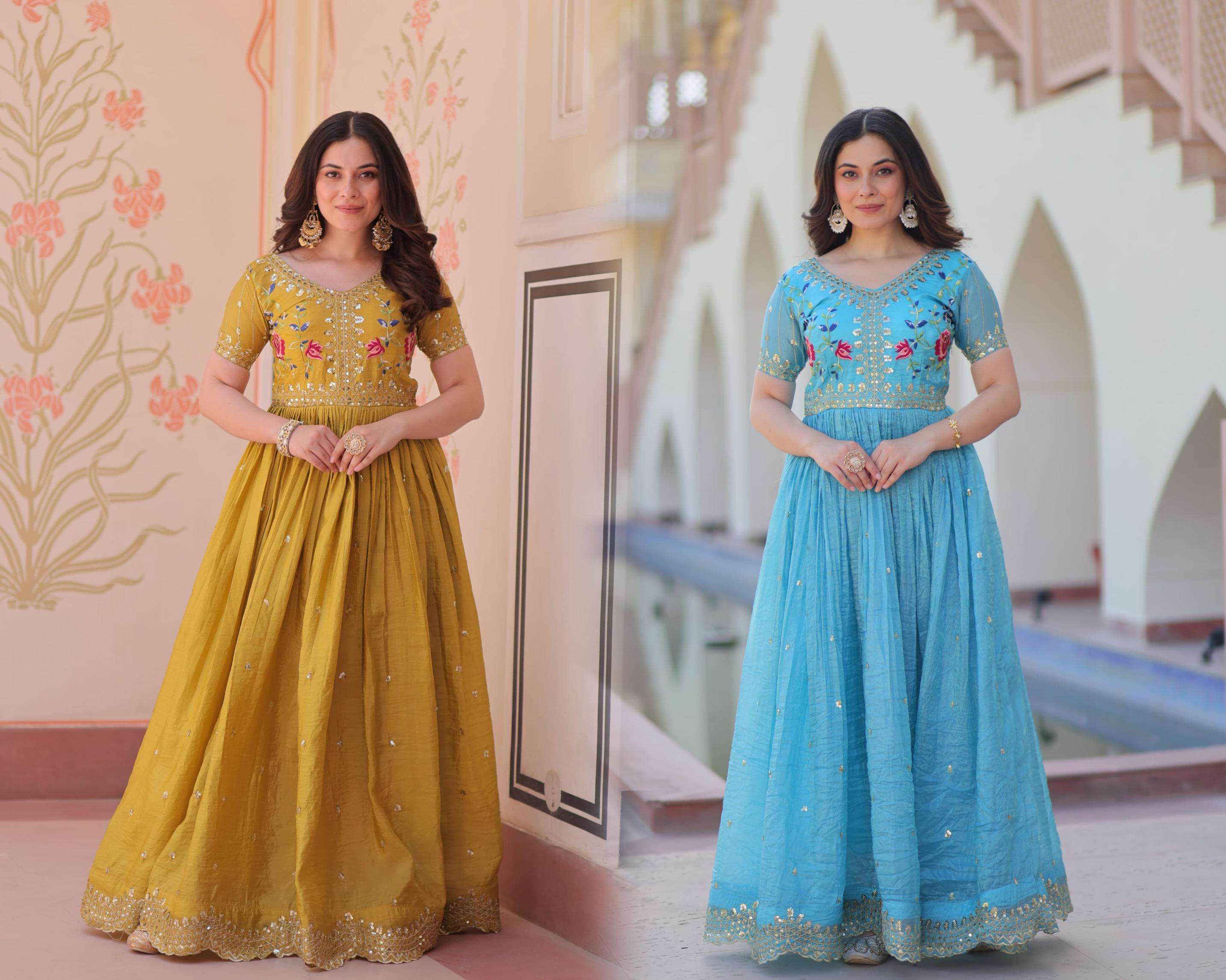 ka 1171 gold and shimmer multi thread work fully stitched dress