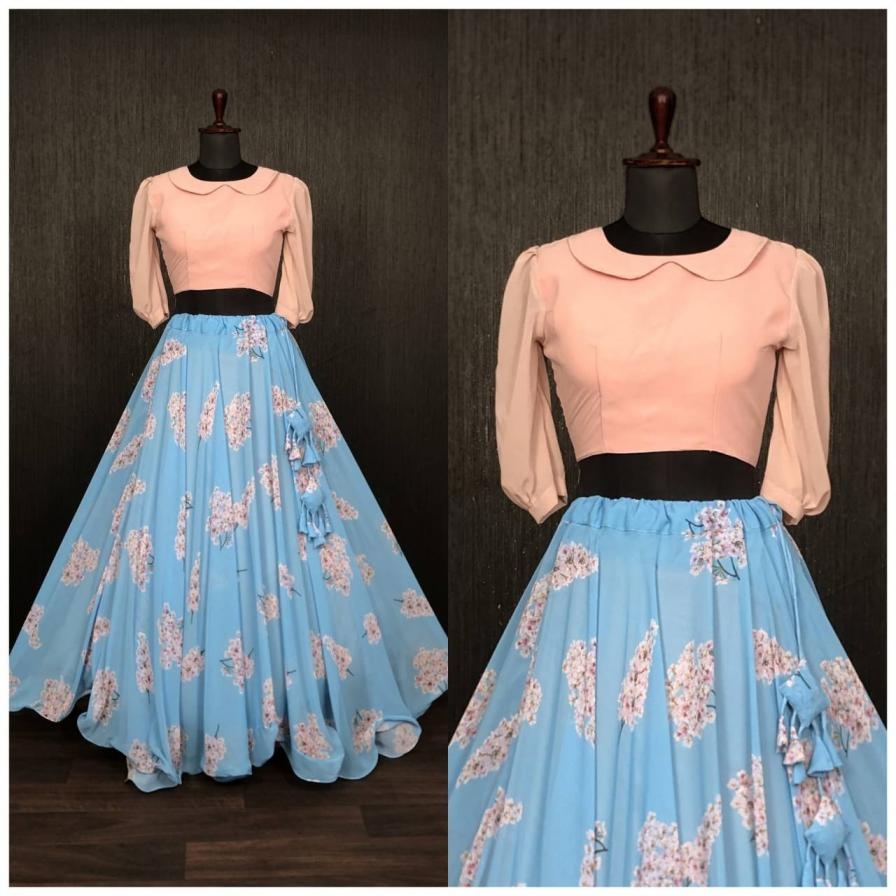 ka 5002 fully stitched gorgette lehenga and blouse with collar neck