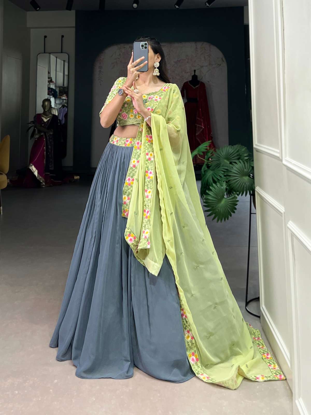 LNB1402GRY Georgette Plain With Sequins And Thread Embroidery Work Belt lehenga