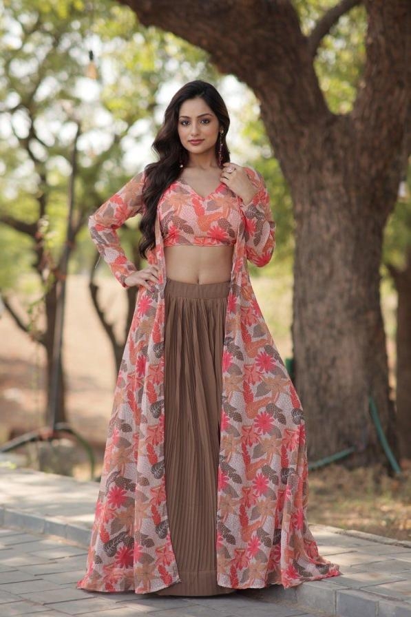 lw 7107 readymade stylish look crop top skirt with shrug set