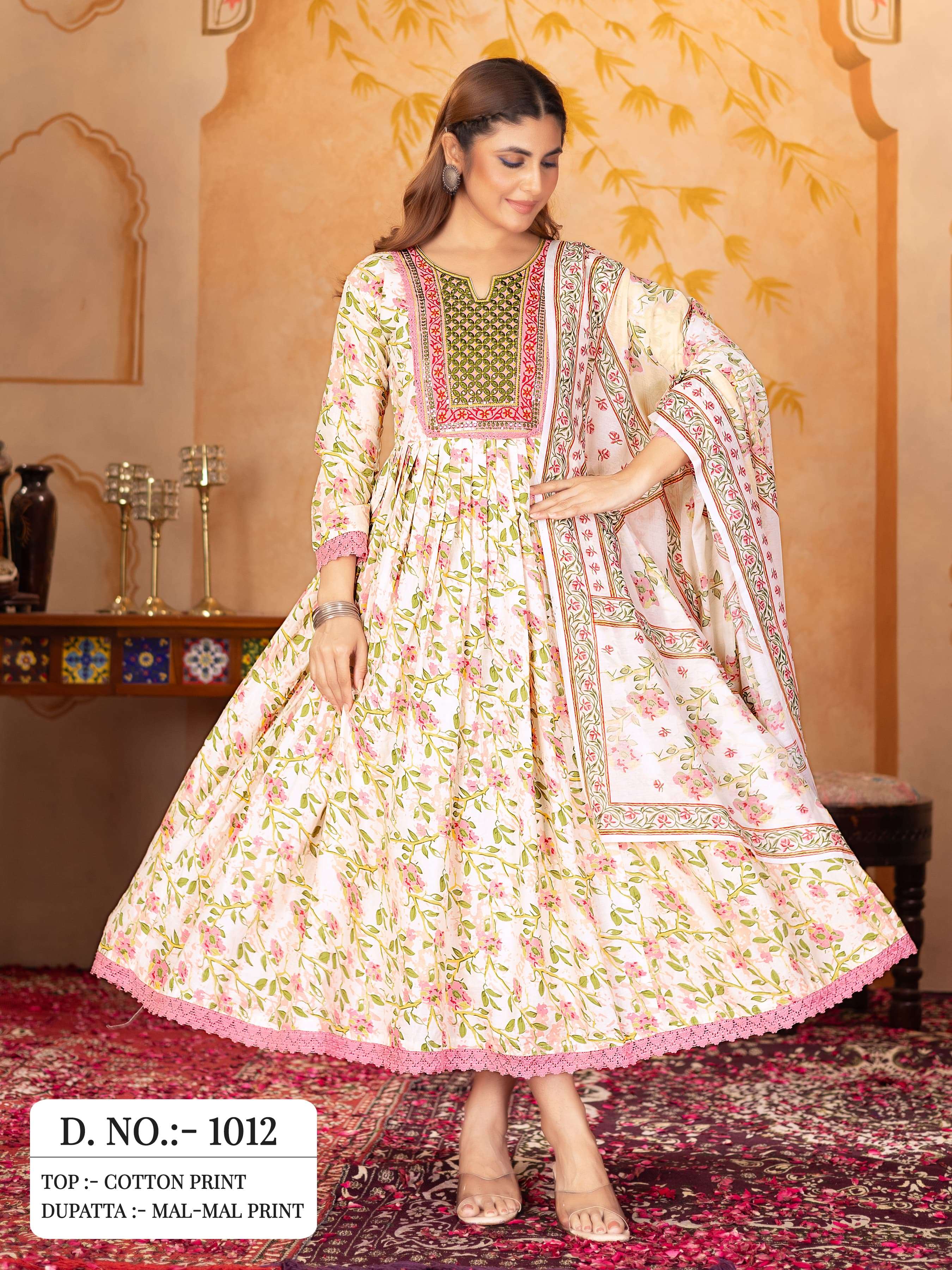 SHREEMATI Faliry Cotton Print with Embroidery work Gown with Dupatta
