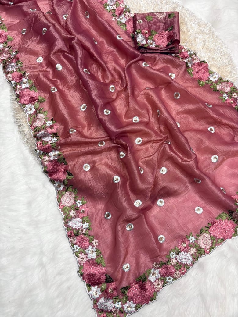 SHUBHLAXMI Soft Tissue Crushed Embroidery Cut Work  Sarees