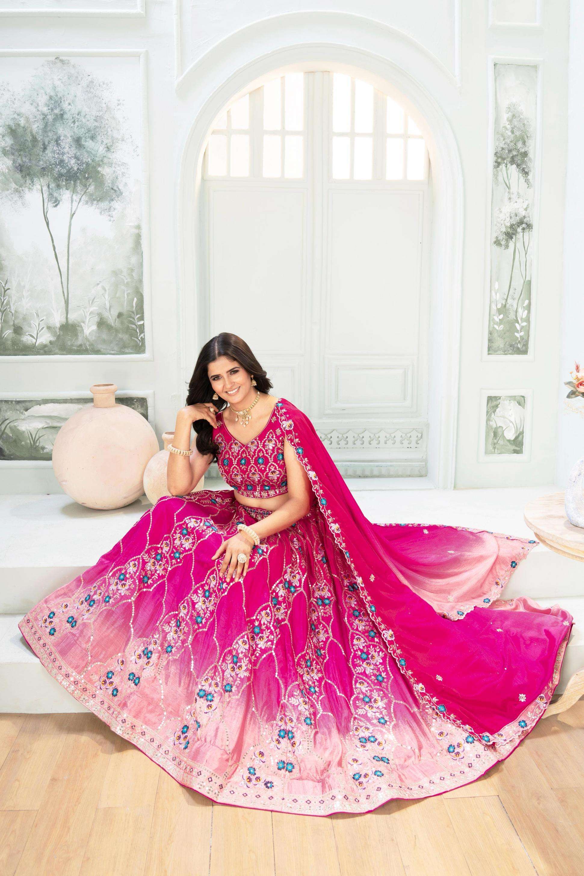 5117 chinon embroidery work designer engagement lehenga for bride