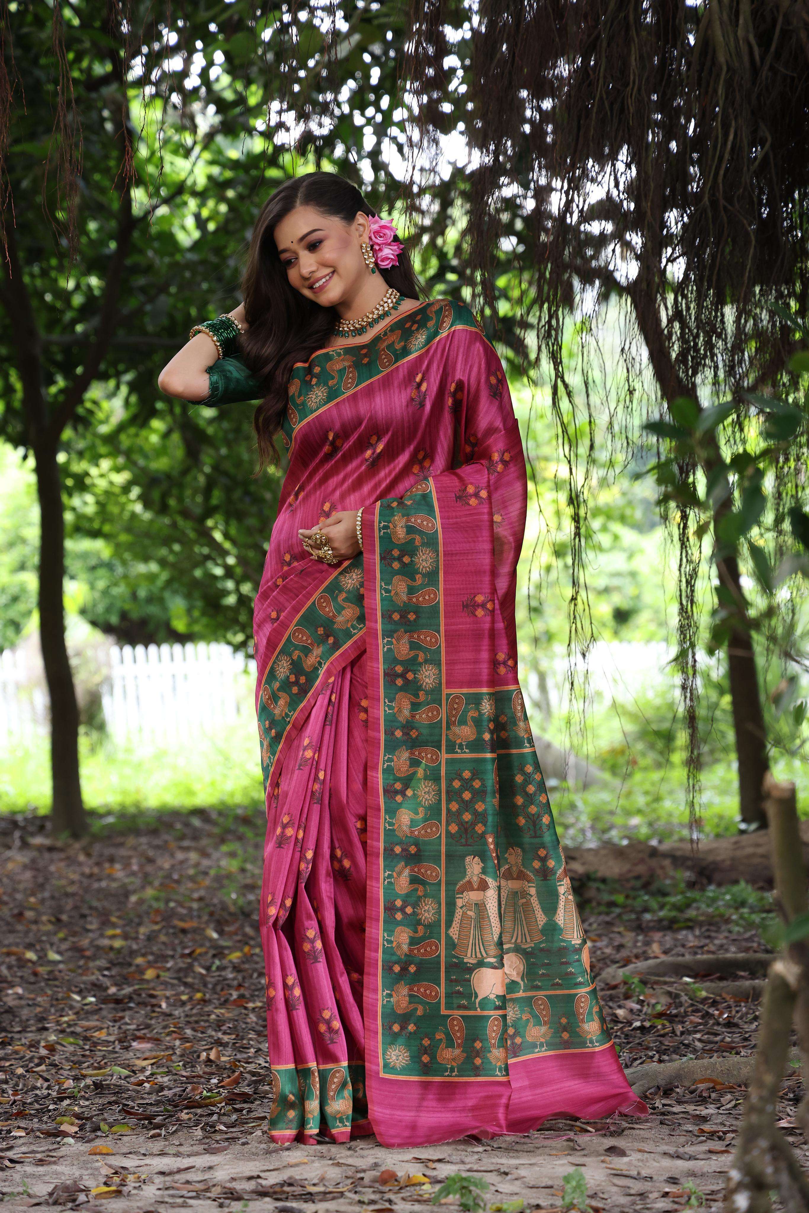 BT-10 KAJAL TREE Soft Tussar silk saree with beautiful peacock prints