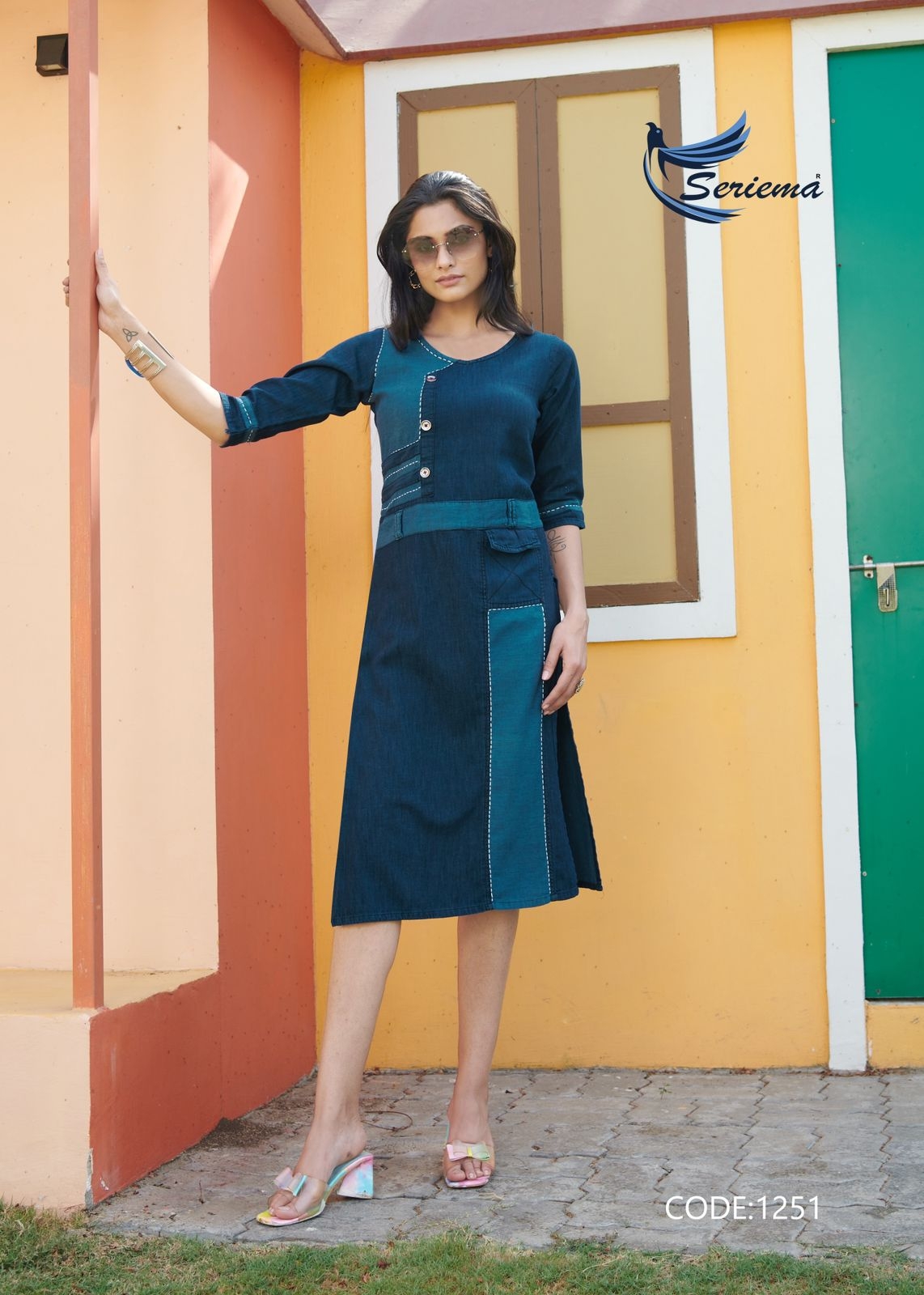 DIFFERENT SHADES OF DENIM  WITH AARI HAND WORK wholesale kurti