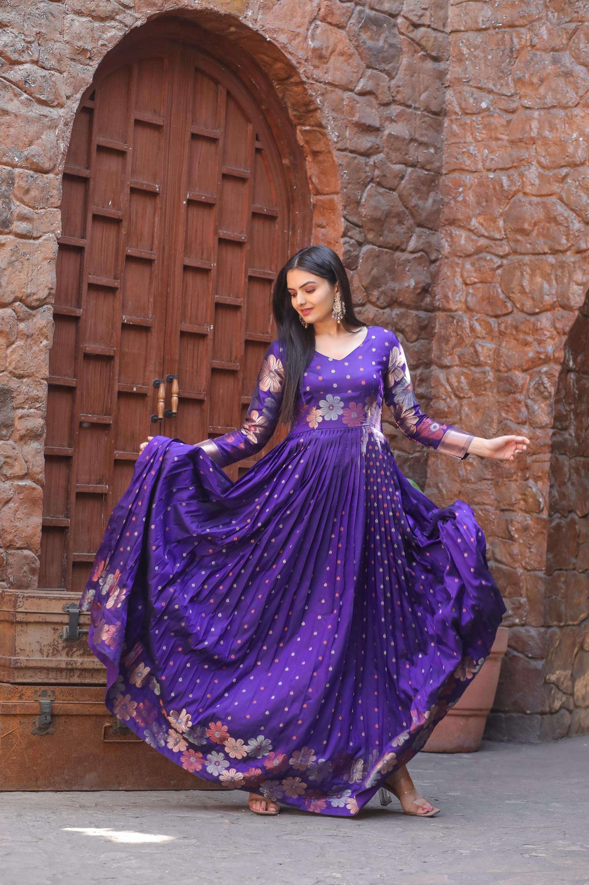 gown silk gold zari weaving traditional readymade big size classic combo gowns
