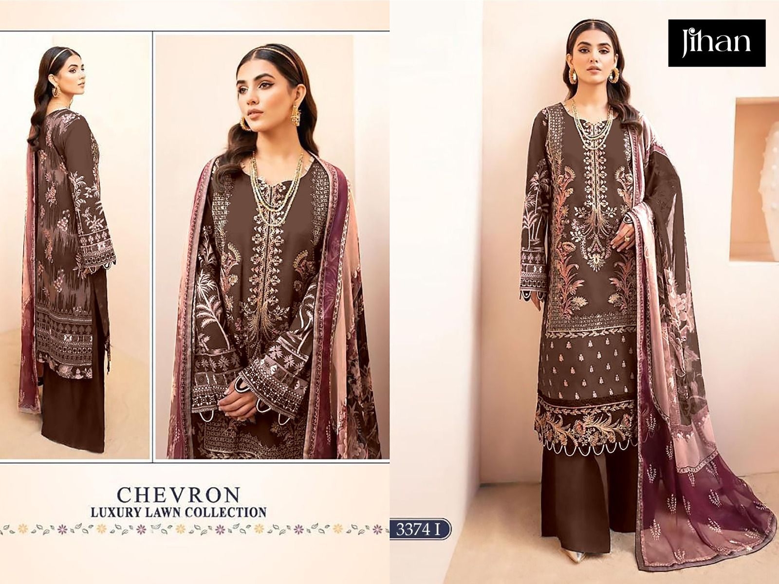 JIHAN CHEVRON LUXURY LAWN COLLECTION 3374 HIJ PURE LAWN COTTON wholesale suit 