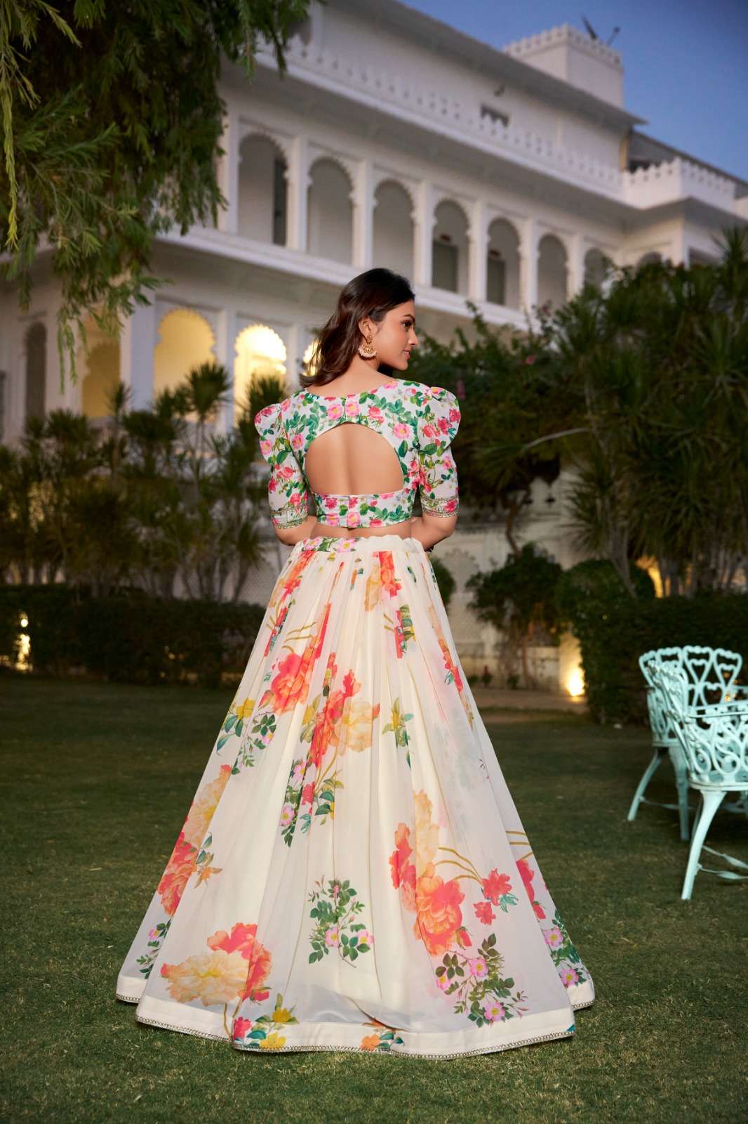 LNB1021CRM Georgette  Floral Print With Lace Border wholesale lehenga