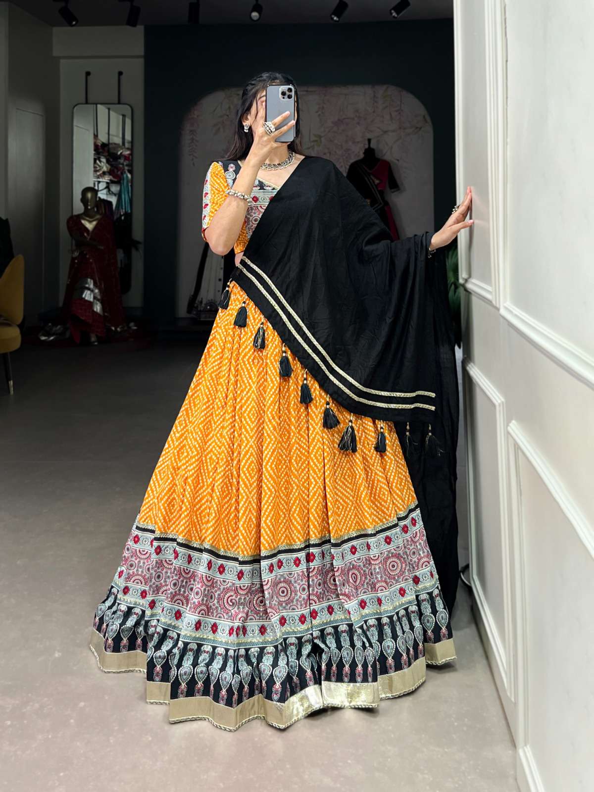 LNB1712YLW Rayon Bandhej And Ajarakh Print wholesale lehenga
