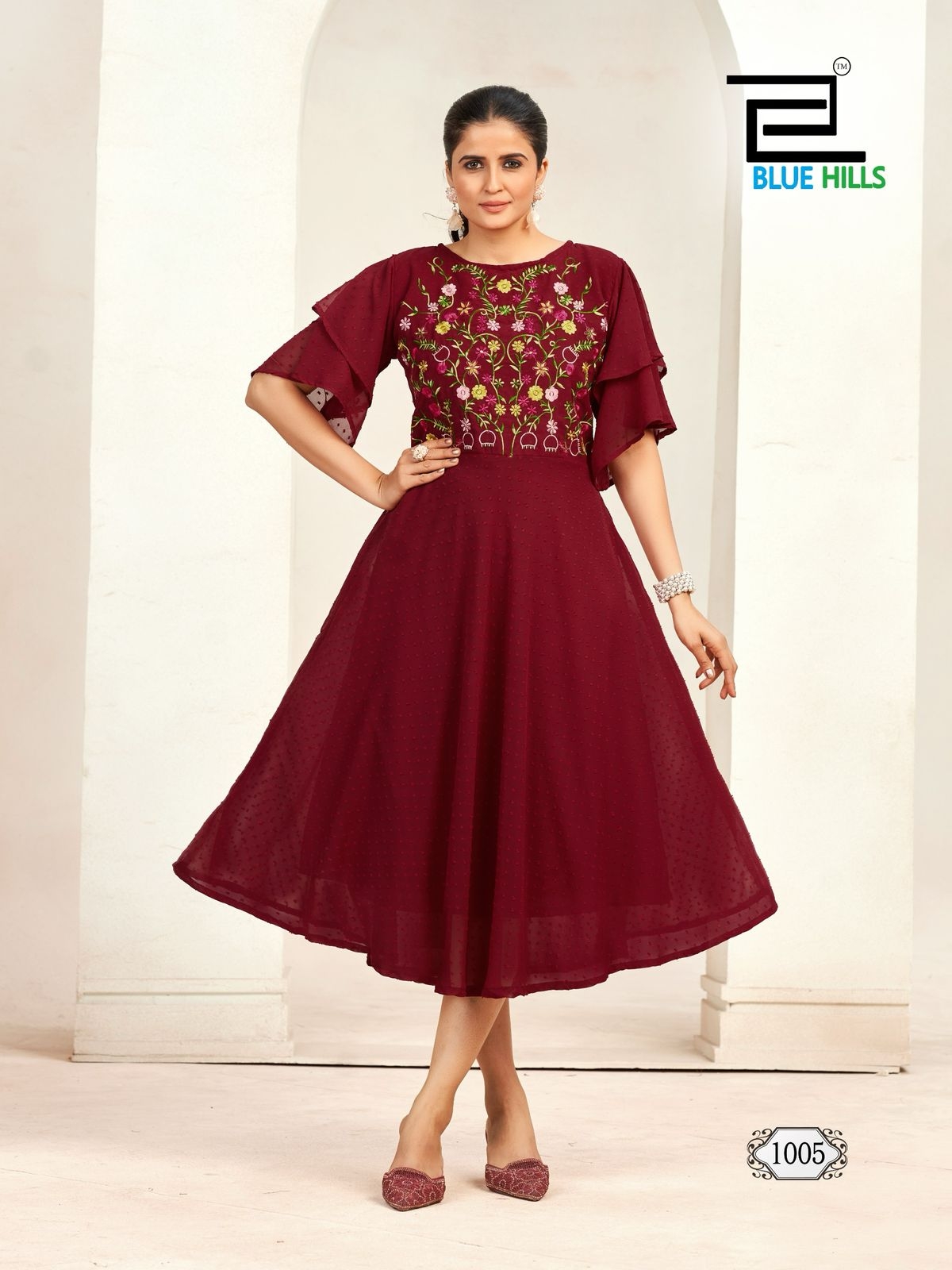 Sensations Heavy Georgette Butti Unique Double layer Sleeves pattern gown