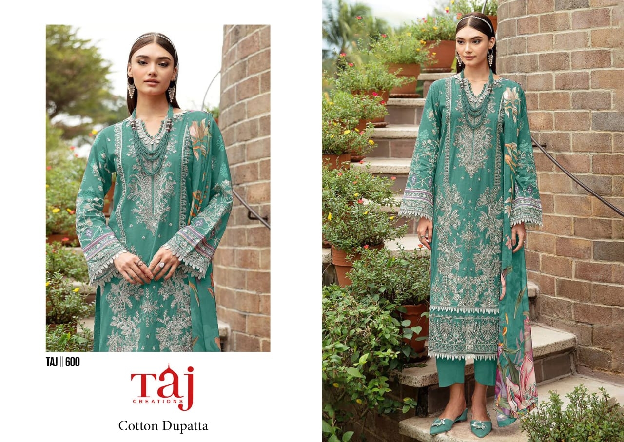 Taj Creations 600 Pure Cotton Print with heavy self embroidery wholesale suit 