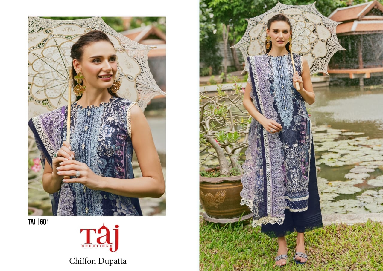 Taj Creations 601 & 602 Pure Cotton Print with heavy embroidery wholesale suit 