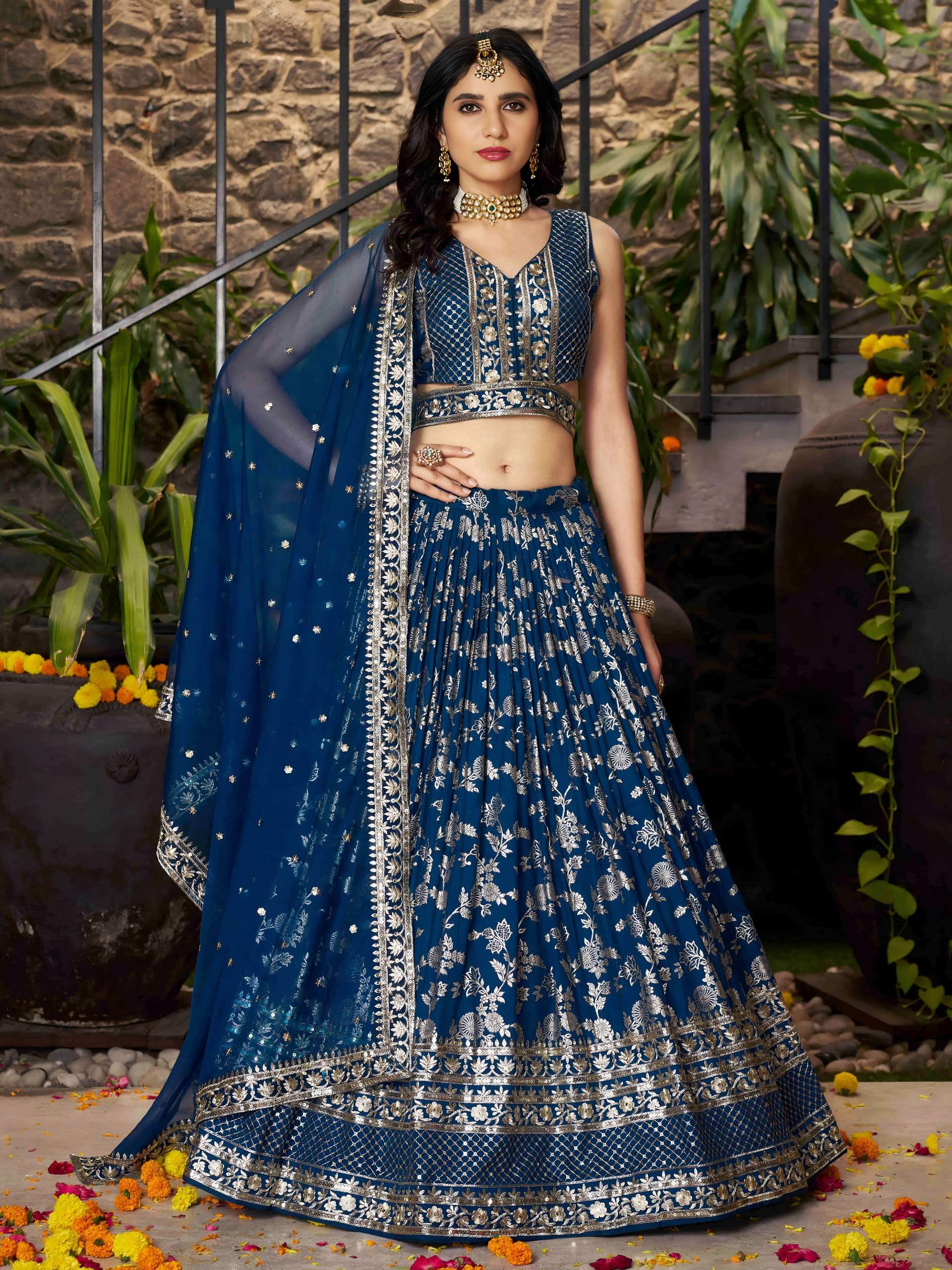 7100-DoveBlue dola silk jacquard wholesale lehenga