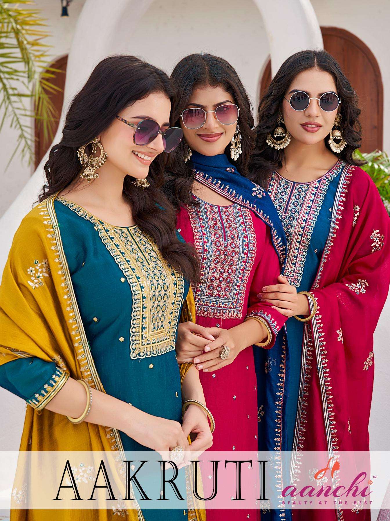 aanchi aakruti fancy vichitra silk straight concept set readymade suit in wholesale surat