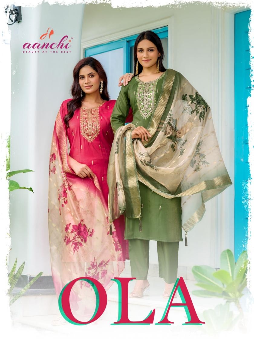 aanchi launch ola series 1001 to 1004 roman shimmer readymade attractive look suit in wholesale surat
