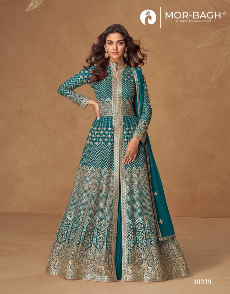 aashirwad creation almirah series 10337 to 10341 georgette readymade designer skirt kurti with dupatta in wholesale surat