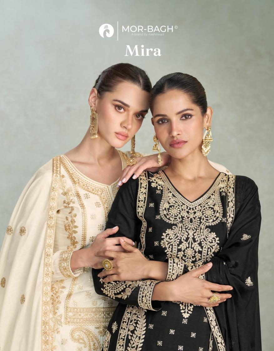 aashirwad creation mira series 10239 to 10241 chinon silk readymade exclusive plazzo suits in wholesale surat