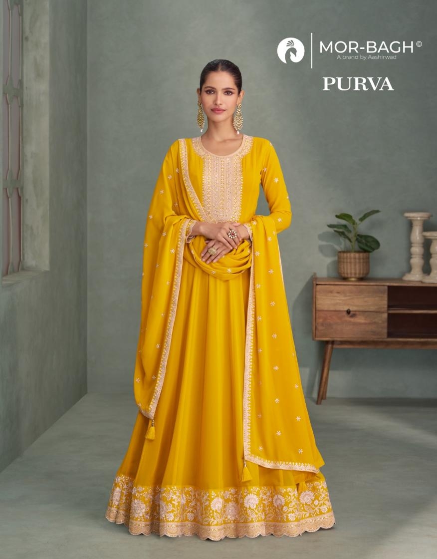 aashirwad creation purva series 10273 to 10276 georgette readymade trendy gown with dupatta in wholesale surat