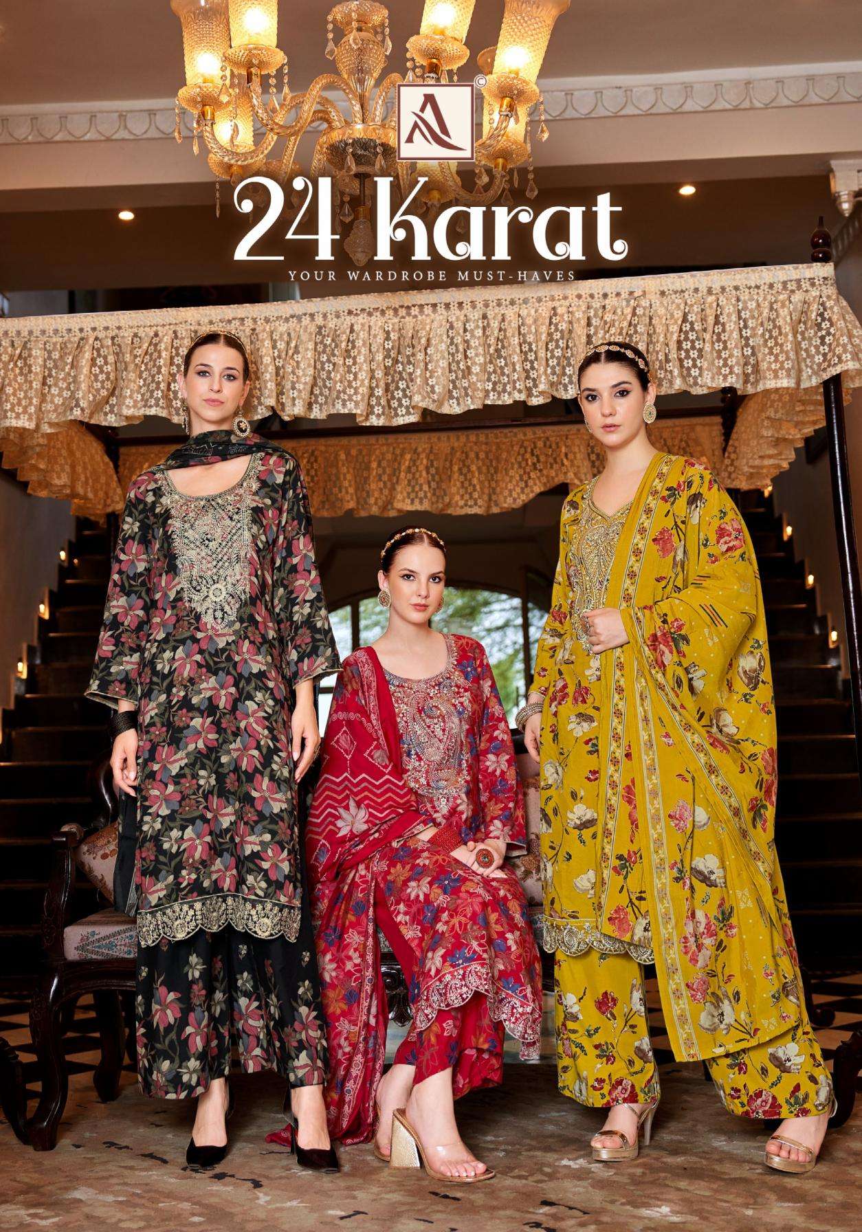 alok presents 24 karat series 86301 to 86306 viscose rayon pakistani print salwar kameez in wholesale surat