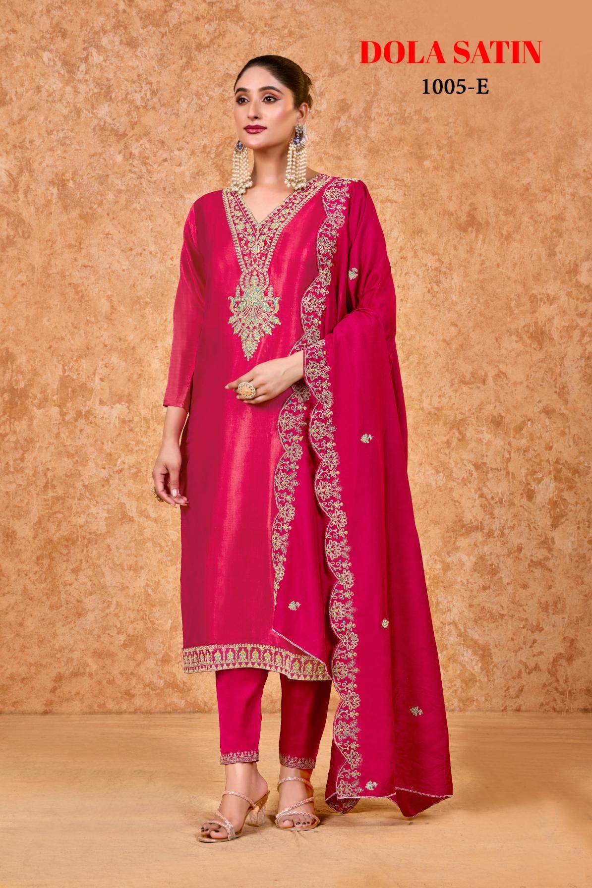 artridhs series 1001 A to 1005 E dola satin v neck readymade combo set stylish suit in wholesale surat