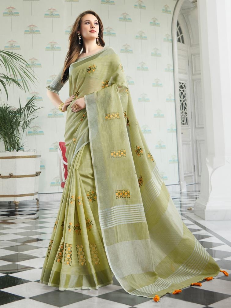 Astita AMYRA NX series 4002 to 4005 readymade fancy designer linen Cotton fabric saree with embroidery Work saree in wholesale surat