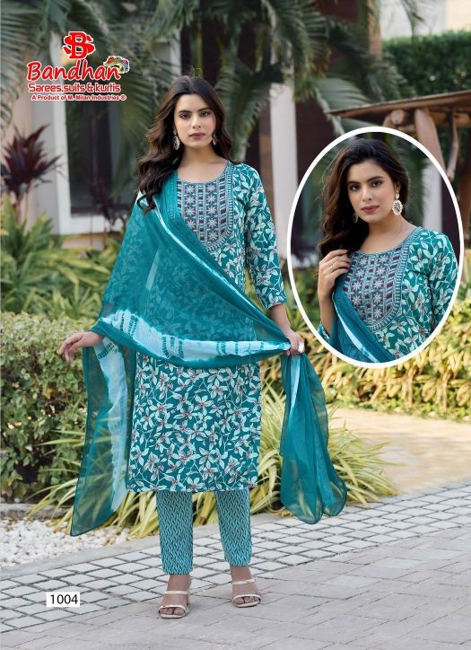 Bandhan Devika Vol-1 series 1001 to 1008 Pure Rayon Capsule With Foil And Neck Embroidery Kurti Pant With Dupatta in wholesale surat