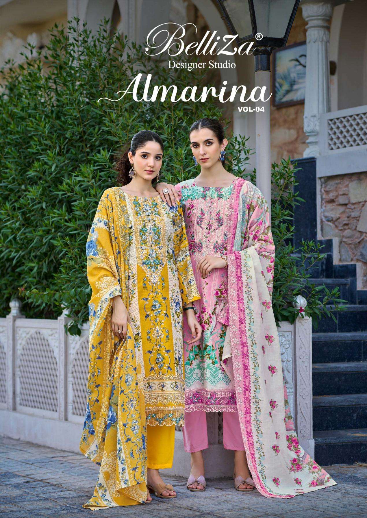 belliza designer almarina vol 4 series 862001 to 862006 cotton readymade plus size pakistani suit in wholesale surat