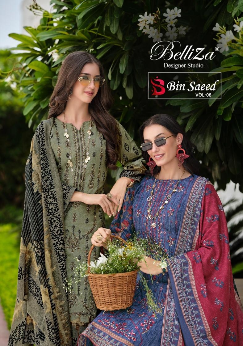 belliza designer bin saeed vol 8 series 866001 to 866008 cotton readymade big size pakistani suits in wholesale surat