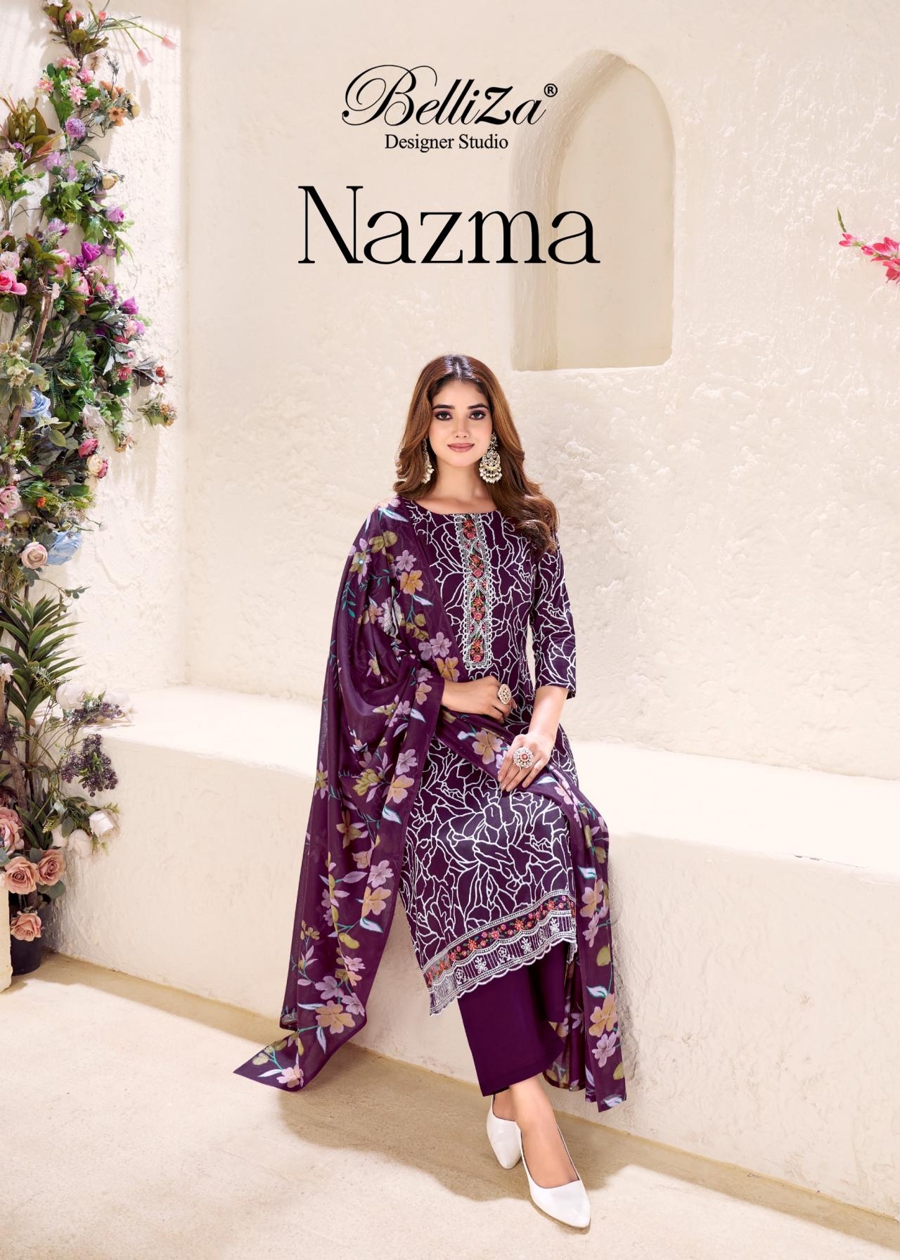 belliza designer nazma series 874001 to 874006 cotton readymade plus size suit in wholesale surat