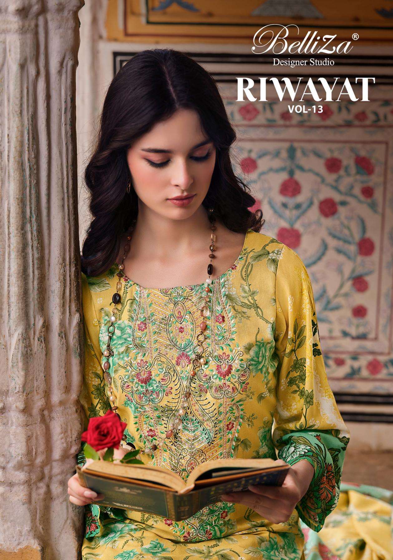 belliza designer riwayat vol 13 series 871001 to 871008 viscose rayon readymade plus size pakistani suits in wholesale surat