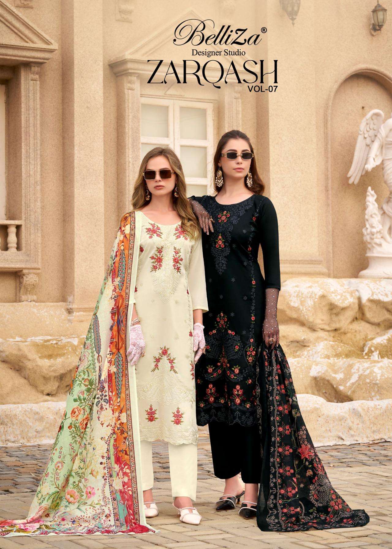 belliza designer zarqash vol 7 series 870001 to 870006 jam readymade big size pakistani suit in wholesale surat