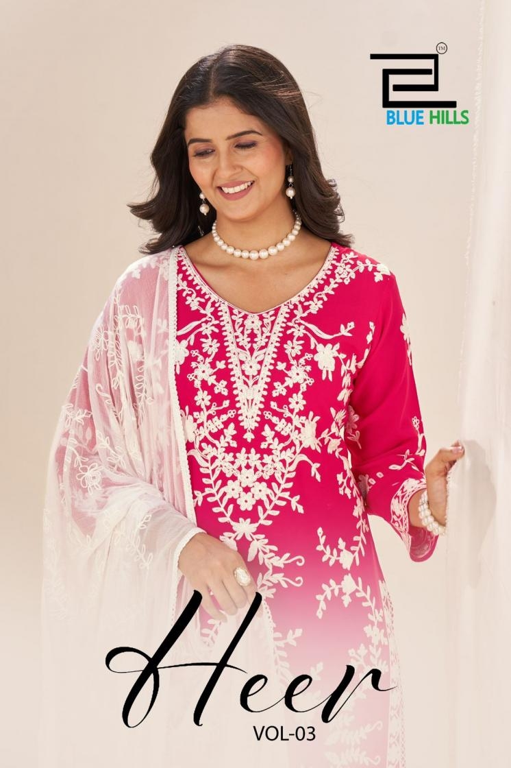 blue hills heer vol 3 series 1001 to 1004 rayon readymade big size plazzo suit in wholesale surat