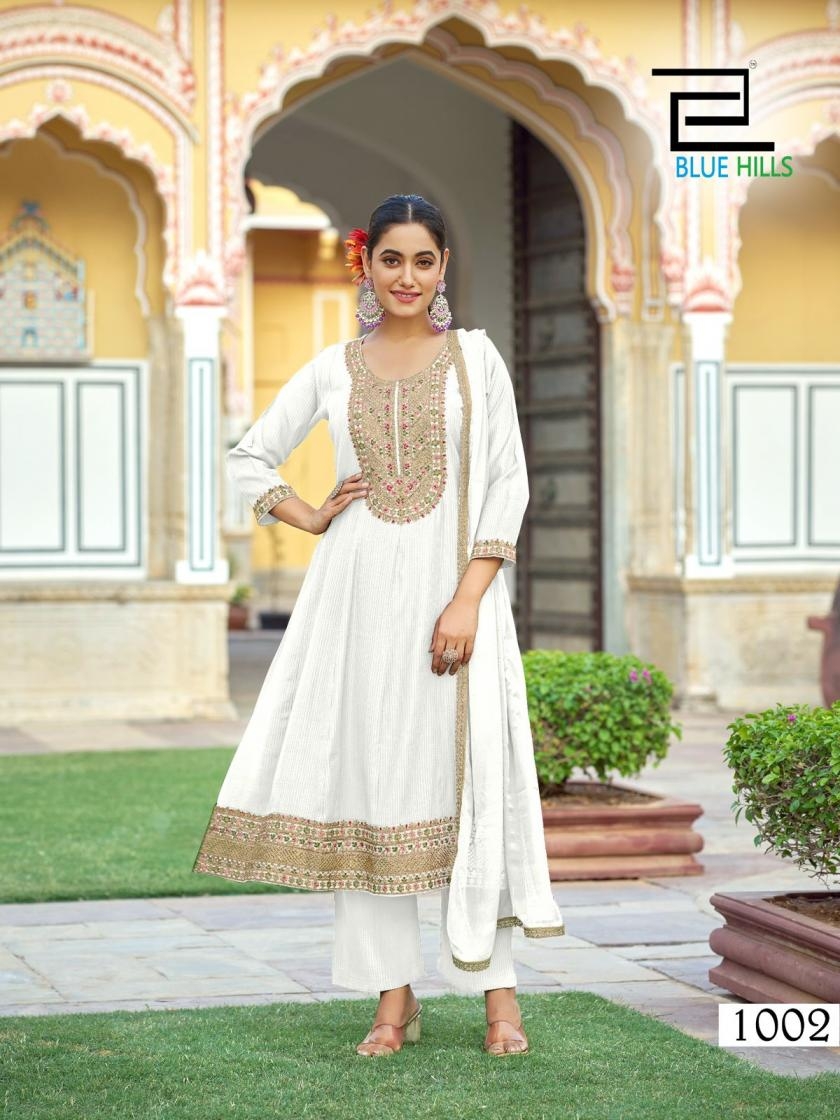 blue hills mumtaz series 1001 to 1004 rayon anarkali style readymade plus size suit in wholesale surat