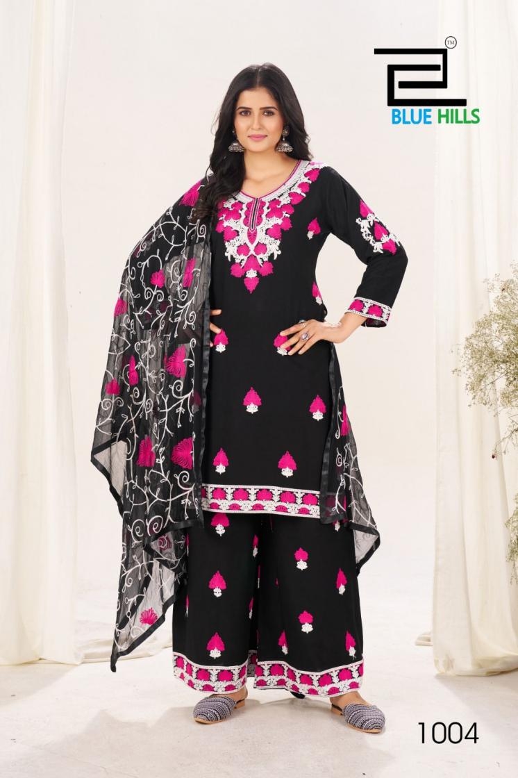 blue hills pink lotus series 1001 to 1004 rayon readymade classic big size plazzo style suit in wholesale surat