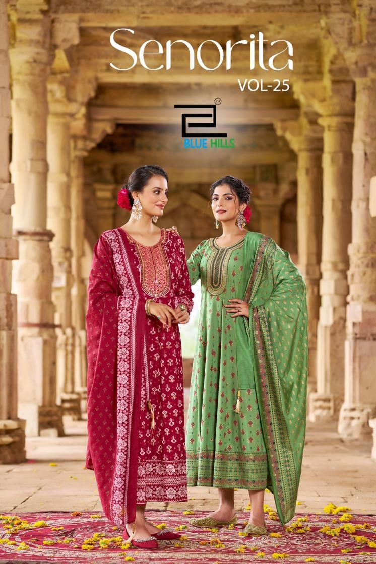 blue hills senorita vol 25 series 25001 to 25006 rayon anarkali readymade stylish gown with dupatta in wholesale surat