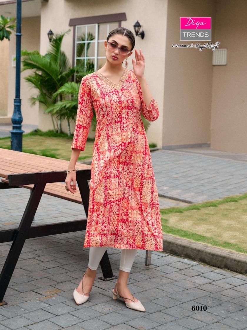 diya trends gardencity vol 6 series 6001 to 6012 rayon readymade big size fancy combo long kurti in wholesale surat