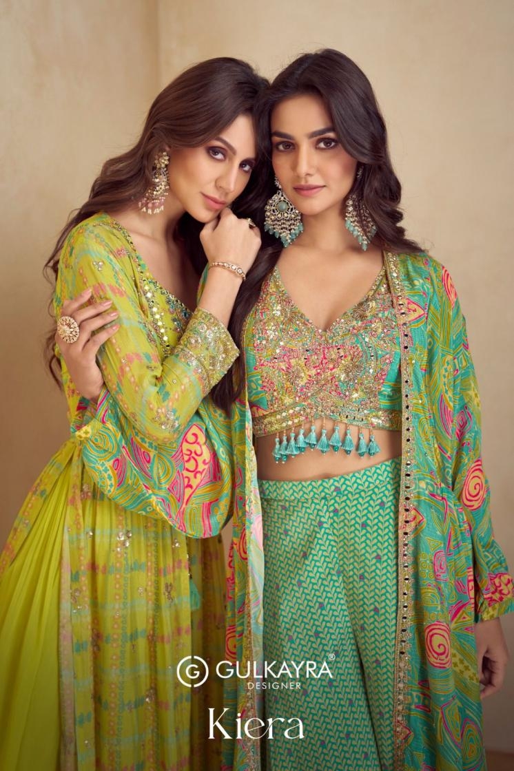 gulkayra designer kiera series 7520 to 7523 readymade exclusive chinon western shrug plazzo with blouse in wholesale surat