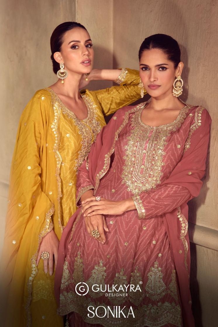 gulkayra designer sonika 7551 A to C real chinon designer readymade kurti plazo and dupatta in wholesale surat