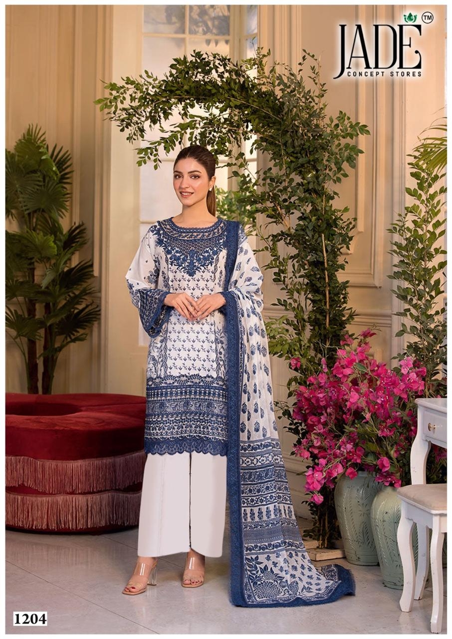 Jade Binsaeed Vol-12 series 1201 to 1206 Heavy Lawn Cotton Printed karachi style salwar kameez in wholesale surat