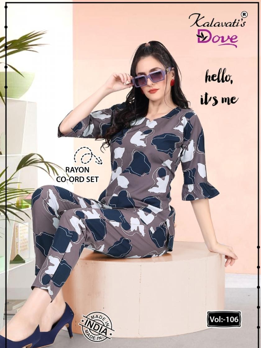 kalavatis dove vol 106 readymade rayon trendy combo co-ord set in wholesale surat