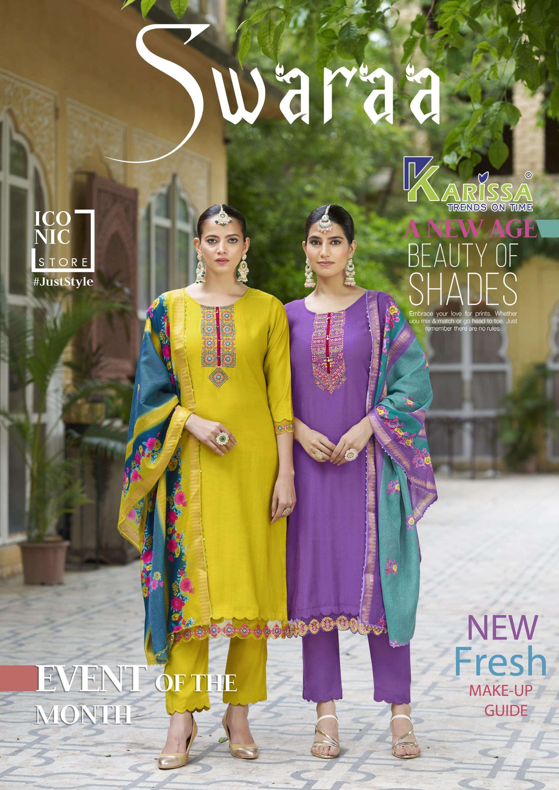 karissa swaraa series 1001 to 1006 viscose weaving readymade classic suit in wholesale surat