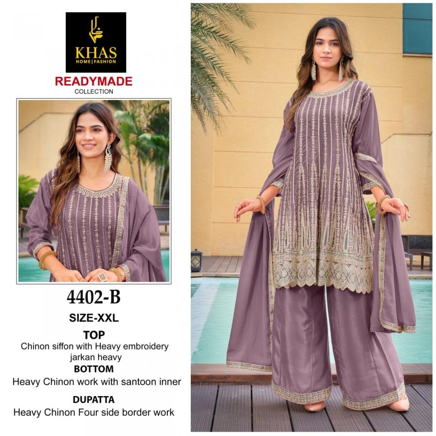  khas 4402 A to C chinon silk readymade modern plazzo salwar suit in wholesale surat