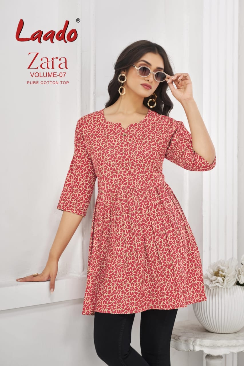 Laado Zara Vol-7 series 7001 to 7012 Pure Cotton Printed Fancy Tunic Top in wholesale surat