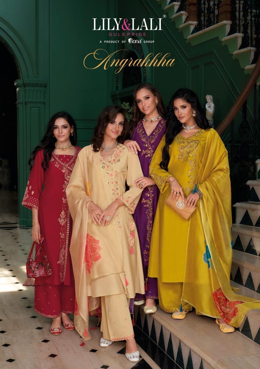  lily & lali angrakhha series 26801 to 26804 exclusive roman silk readymade plazzo style suit in wholesale surat
