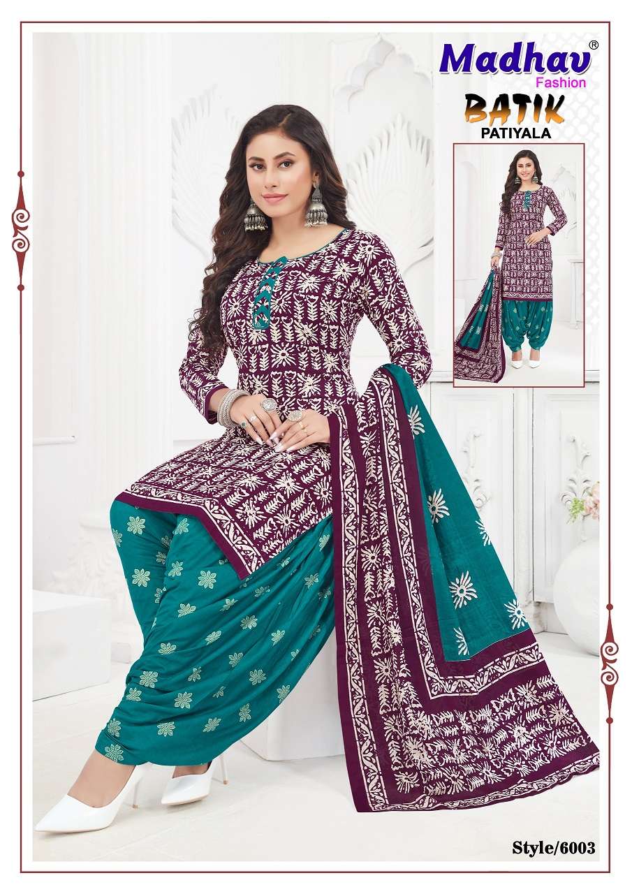 Madhav Batik Patiyala Vol-6 series 6001 to 6010 pure cotton printed salwar kameez in wholesale surat