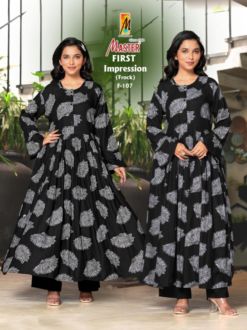 master first impression series F 101 to F 108 rayon readymade elegance gown in wholesale surat