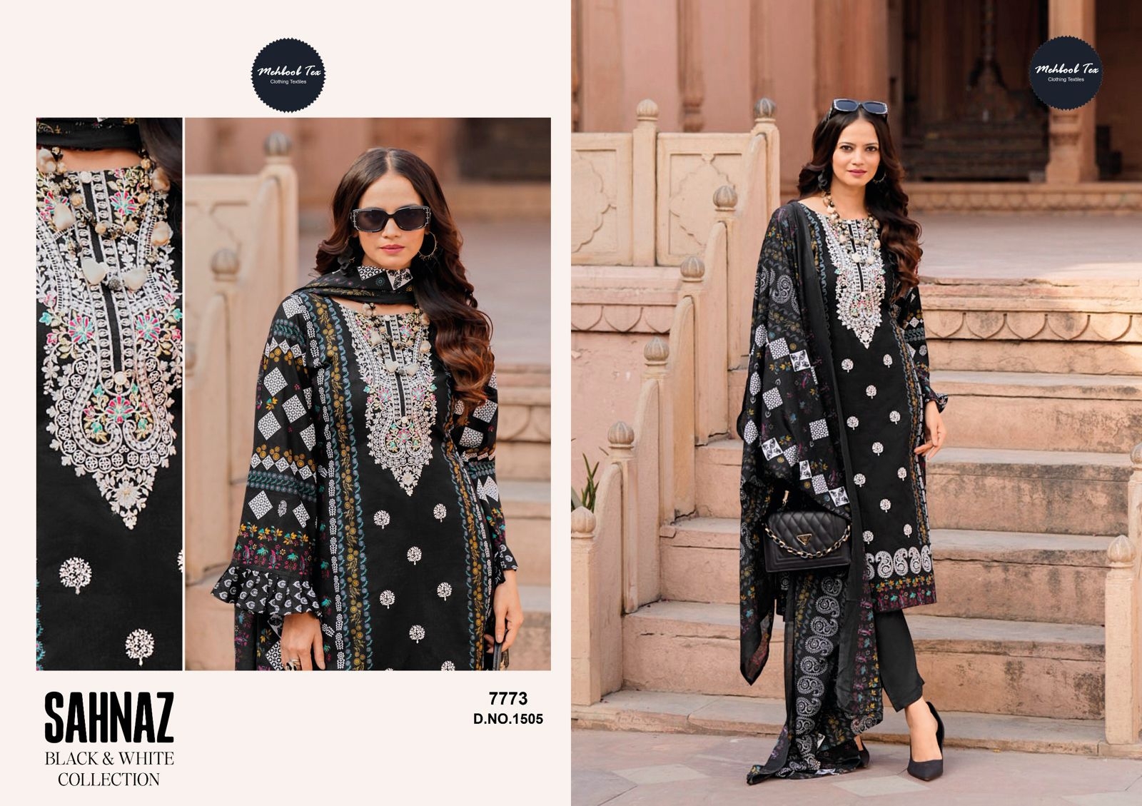 Mehbbob tex Sahnaz black and white collection 1505 to 1508 pure cotton wholesale suit 