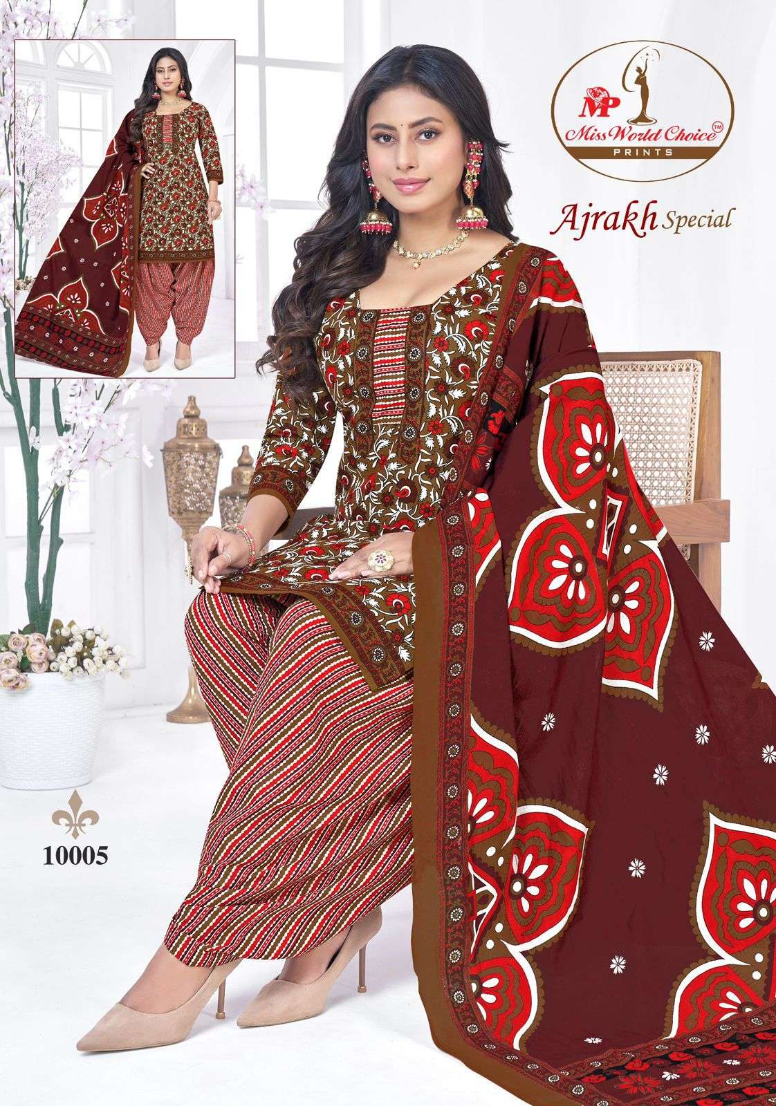 Miss World Ajrakh Special Vol-10 series 10001 to 10010 Pure Cotton Printed Readymade Patiyala suit in wholesale surat